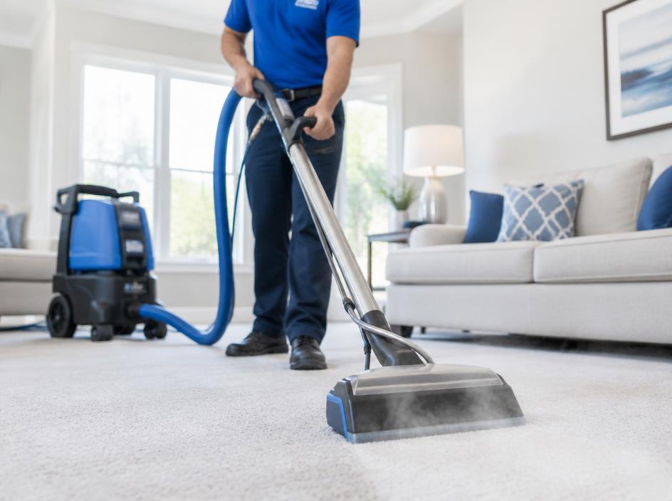 Technician steam cleaning a residential carpet