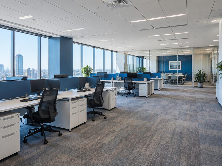 Clean commercial office carpet and workspace