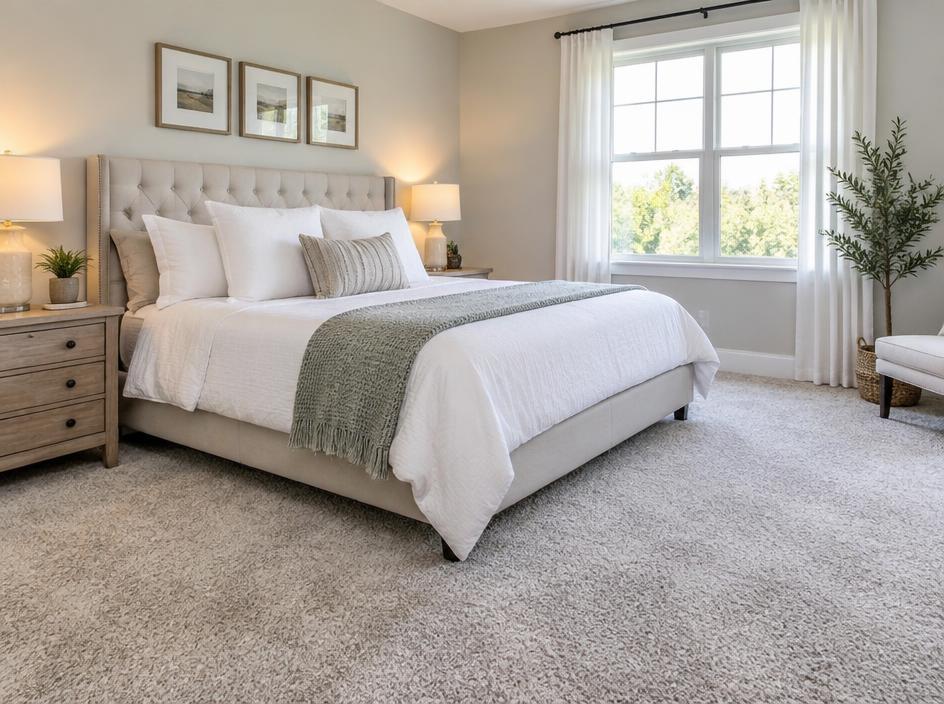 Freshly cleaned carpet in a bright bedroom